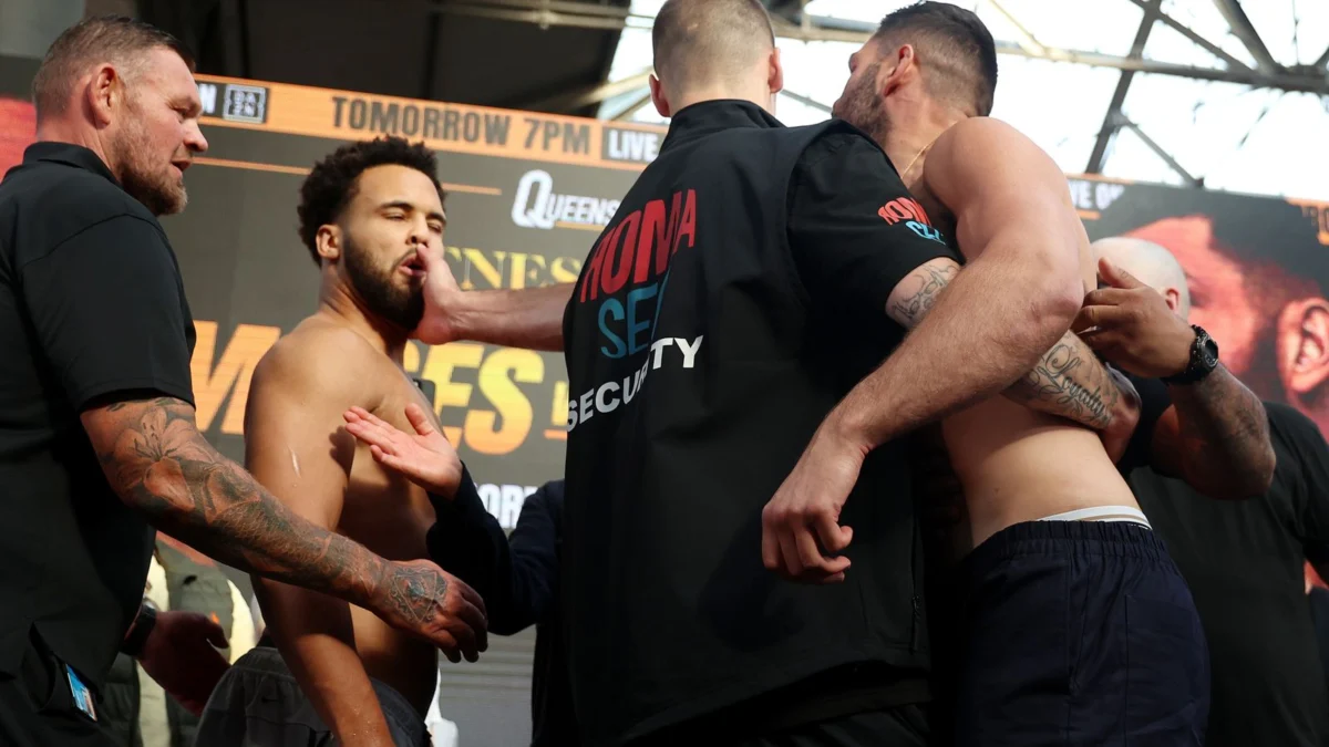 Itauma pushes Hrgovic off stage before slap at weigh-in
