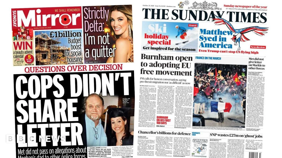 Sunday Papers Cover Claims Against Duchess of Sussex’s Father and PM’s EU Free Movement Stance